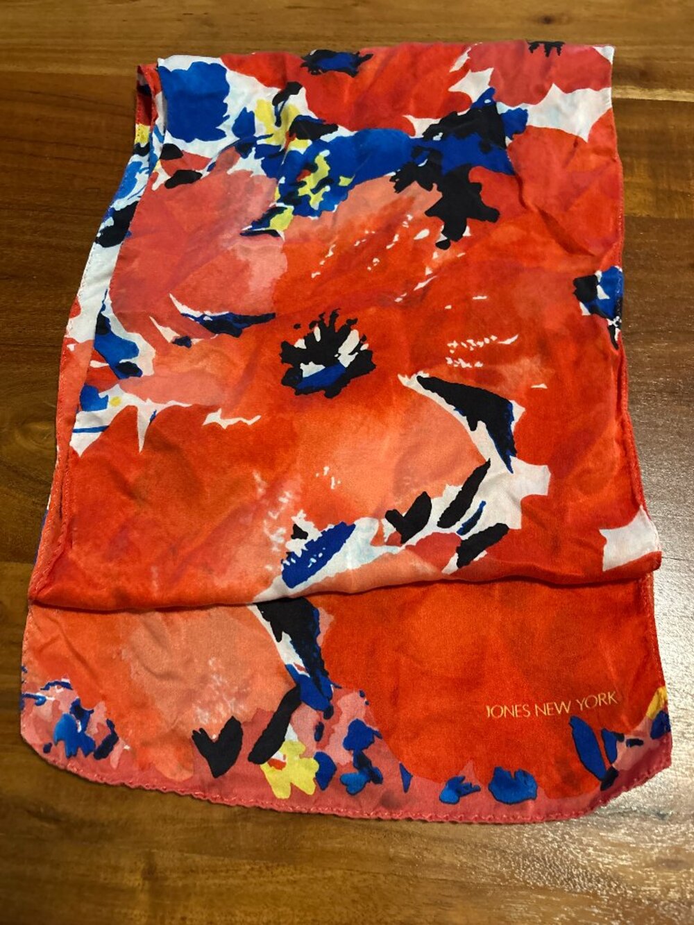 Jones New York 100% Silk Scarf Orange /Blue Design Rectangle
